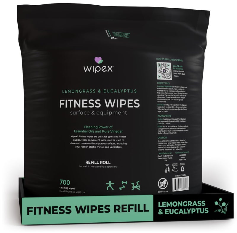 Wipex Gym Wipes for Equipment Cleaning - 700 Large 8"x12" Natural Fitness Wipes Refills for Dispensers - Made with Lemongrass, Eucalyptus Oil & Vinegar, Bulk Surface Multipurpose (1 Pack) - Image 1